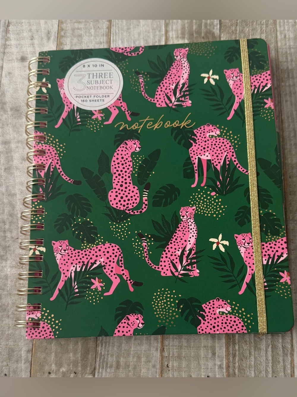 Notebook Green & Pink Leopard Spiral Journal with Gold Elastic